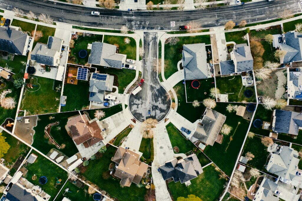 A bird's eye view of a suburban neighborhood